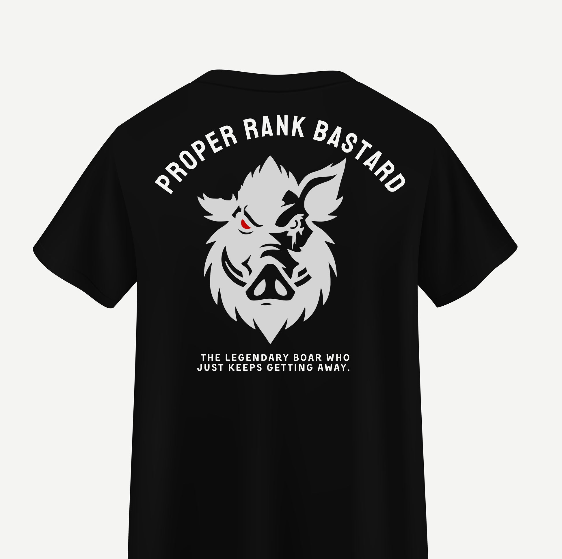 Back view of black Proper Rank Bastard T-shirt with bold boar hunting graphic, oversized streetwear fit, worn by Australian bush hunters