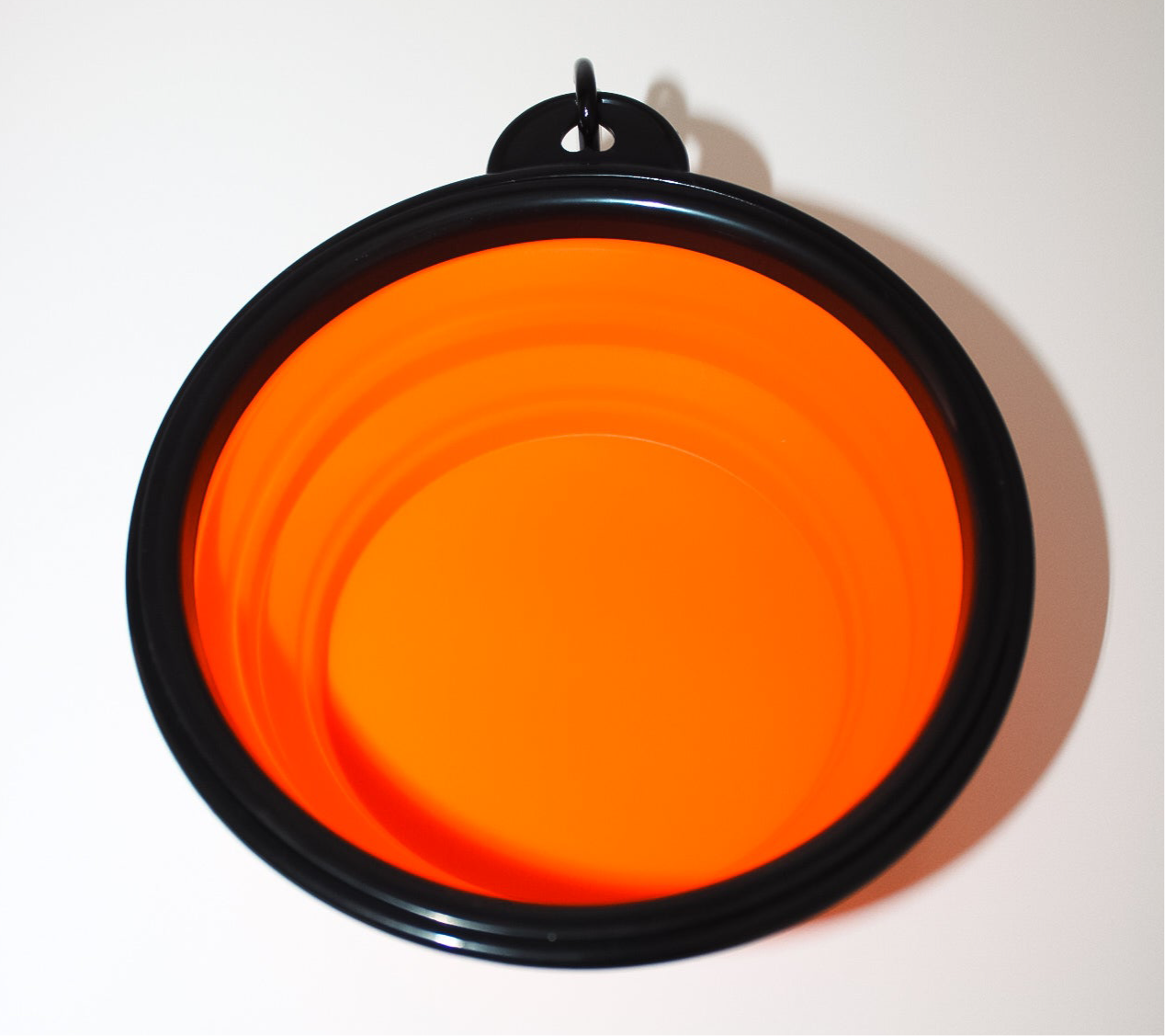 Blaze orange collapsible silicone dog bowl with black rim, 350ml travel pet bowl by The Boar Collective