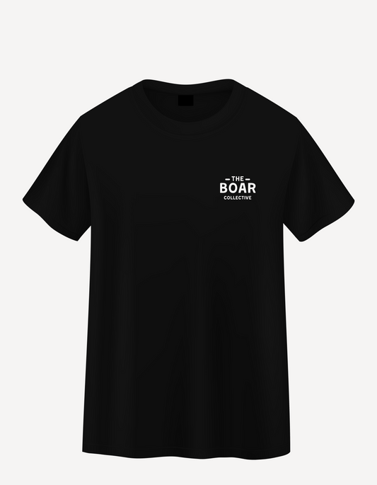 Black t-shirt with small white chest logo that reads “The Boar Collective.” Minimalist design for boar hunting lifestyle and outdoor streetwear fans.
