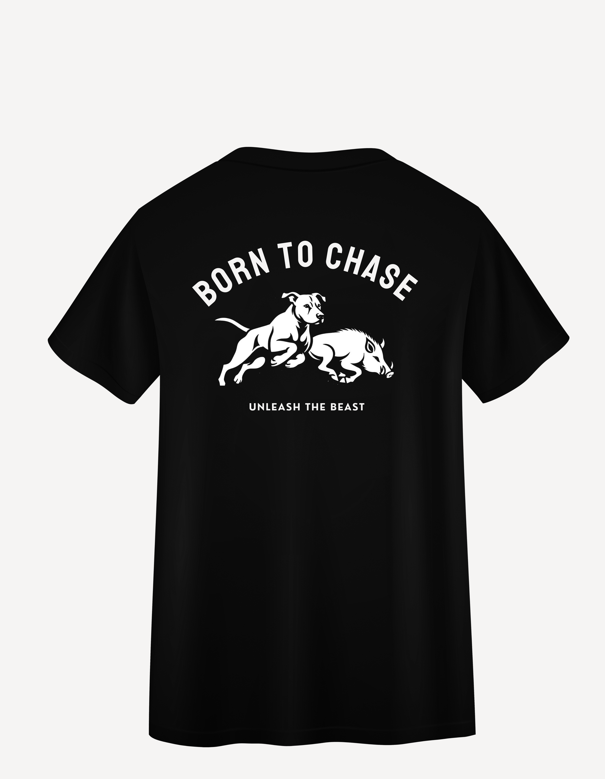Black t-shirt with white graphic of a pig dog chasing a wild boar. Text says “Born to Chase” and “Unleash the Beast.” Ideal for boar hunters and outdoor Aussie adventurers.